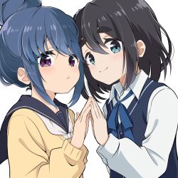  2girls amamiya_satsuki_(mono) azumawari_(azumofu) black_hair black_sailor_collar blue_eyes blue_hair blue_ribbon blue_sweater_vest blush closed_mouth collared_shirt commentary_request hair_between_eyes hair_bun hand_on_another's_hand long_sleeves looking_at_viewer mono_(afro) motosu_school_uniform multiple_girls neck_ribbon neckerchief ribbon sailor_collar school_uniform shima_rin shirt sidelocks simple_background single_hair_bun smile sweater sweater_vest thick_eyebrows upper_body violet_eyes white_background white_neckerchief white_shirt yellow_sweater yurucamp 