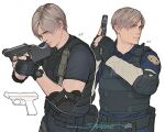  1boy aiming artist_name black_gloves black_shirt blonde_hair blue_shirt bulletproof_vest fingerless_gloves furrowed_brow gloves grey_shirt gun handgun holding holding_gun holding_weapon leon_s._kennedy long_sleeves male_focus parted_bangs police police_uniform resident_evil resident_evil_4 resident_evil_4_(remake) sardine_(kjr0313) shirt shirt_under_shirt short_hair short_sleeves signature solo sweatdrop t-shirt uniform upper_body watch watch weapon white_background 