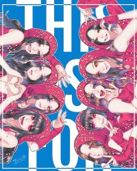  6+girls animification aoi_toramatsu black_hair blue_eyes bright_pupils brown_eyes brown_hair chaeyoung_(twice) commentary_request dahyun_(twice) everyone fingerless_gloves gloves green_eyes heart heart_hands heart_hands_duo highres hood hood_up hooded_shirt jeongyeon_(twice) jihyo_(twice) k-pop long_hair looking_at_viewer medium_hair mina_(twice) mole mole_on_nose momo_(twice) multiple_girls nayeon_(twice) open_mouth parted_lips real_life red_eyes red_shirt sana_(twice) shirt short_hair sleeves_past_wrists smile this_is_for_(twice) twice_(group) tzuyu_(twice) v violet_eyes waving white_pupils 