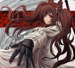  1girl absurdres angelina_(arknights) animal_ears arknights black_collar black_gloves blood blood_on_face brown_hair coat collar commentary_request earpiece expressionless floating_hair fox_ears fox_girl gloves hairband highres holding holding_staff infection_monitor_(arknights) injury long_hair long_sleeves looking_at_viewer multicolored_hairband red_eyes red_hairband shousake solo staff striped_clothes striped_hairband twintails two-tone_hairband upper_body white_coat 