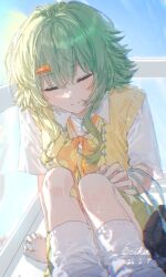  1girl artist_name bead_necklace beads bow bowtie bracelet carrot_hair_ornament closed_eyes closed_mouth collared_shirt dated english_commentary erika_(user_spth3377) food-themed_hair_ornament green_hair green_skirt gumi hair_ornament heisei_retro highres i_can't_wait_(synthesizer_v) jewelry knees_up leg_warmers light_blush long_sidelocks multiple_bracelets necklace orange_bow orange_bowtie polka_dot polka_dot_bow polka_dot_bowtie shirt short_hair_with_long_locks short_sleeves sidelocks sitting skirt smile solo sparkle sweater_vest vocaloid white_leg_warmers white_shirt yellow_sweater_vest 