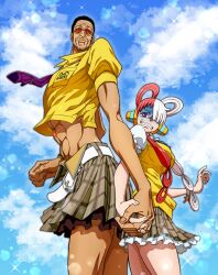  1boy 1girl abs absurdres artist_collaboration back-to-back behind-the-head_headphones belt belt_buckle biceps black_hair blue_ribbon blue_sky brown_skirt buckle clouds commentary_request cowboy_shot crossdressing crossdressing_(mtf) dedeen diffraction_spikes disgust facial_hair fingernails frilled_skirt frilled_sleeves frills from_side glasses green_skirt grimace hair_over_one_eye hair_rings headphones height_difference highres holding_hands interlocked_fingers jakasu kizaru_(one_piece) layered_skirt light_smile lion_(macross_frontier) long_hair looking_at_viewer looking_down marine_uniform_(one_piece) mature_male midriff mismatched_eyebrows multicolored_hair multiple_wristbands mustache_stubble neck_ribbon necktie nervous_sweating one_piece one_piece_film:_red orange-tinted_eyewear parody plaid_clothes plaid_skirt puffy_short_sleeves puffy_sleeves purple_necktie red_hair red_ribbon ribbon school_uniform shirt short_hair short_sleeves sideburns skirt sky smile split-color_hair striped_ribbon stubble sunglasses sweat sweater_vest symmetrical_hand_pose tall_male tearing_up teeth thick_eyebrows thick_lips tie_clip tinted_eyewear turn_pale two-tone_hair two-tone_ribbon uta_(one_piece) violet_eyes white_belt white_hair white_ribbon white_skirt yellow_shirt yellow_sweater_vest 