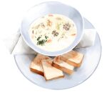  bowl bread chowder_(food) clam food food_focus hacotan_(hakoniworks) highres no_humans original plate simple_background still_life white_background 