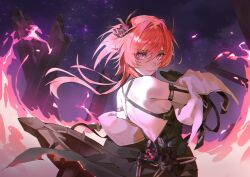  1girl absurdres arknights arknights:_endfield bare_back bare_shoulders black_gloves black_horns black_sleeves commentary detached_sleeves gloves hand_up highres horns laevatain_(arknights) long_hair looking_at_viewer multicolored_sleeves night okinairis parted_lips red_eyes solo star_(sky) surtr_(arknights) two-tone_sleeves upper_body violet_eyes white_sleeves 