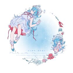  1girl beret blue_eyes blue_gem blue_hair blue_shoes bubble chibi chibi_inset closed_mouth commission coral dot_nose dress fish flower full_body gem hair_between_eyes hair_ornament hat hat_ornament highres jintian_de_hao_yueye_youdian_sang long_hair mihuashi_commission multiple_views octopus original red_ribbon ribbon shoes sidelocks square watermark white_background white_dress white_flower white_hat 