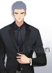  1boy black_shirt blue_eyes blue_hair breast_pocket buttoned_cuffs buttons closed_mouth collared_shirt commentary ddjuner formal gradient_background here_u_are highres lapels li_huan long_sleeves male_focus necktie pocket shirt short_hair solo suit upper_body watch watch 