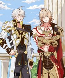  2boys antenna_hair arm_tattoo armlet armor black_choker black_coat black_gloves black_pants black_shirt blonde_hair blue_sky braid chest_tattoo choker clawed_gauntlets closed_eyes coat commentary_request crossed_arms earrings facial_tattoo fingerless_gloves gloves gold_earrings gold_necklace gradient_hair highres hino_1407 honkai:_star_rail honkai_(series) jewelry leg_armor male_focus medium_hair multicolored_hair multiple_boys mydei_(honkai:_star_rail) neck_tattoo necklace open_clothes open_coat pants parted_bangs pauldrons phainon_(honkai:_star_rail) pillar red_hair red_tattoo shirt short_hair shoulder_armor side_braid single_glove single_pauldron sky sun_symbol sun_tattoo tattoo thigh_strap white_coat white_hair 