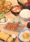  1girl absurdres amakawa_tamawo aqua_hair bowl chibi closed_eyes food food_focus food_request hands_up hatsune_miku highres meat minigirl noodles open_mouth plate rice rice_bowl shadow skewer solo soy_sauce steam twintails vegetable vocaloid 
