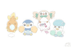  >_< bright_pupils commentary_request full_body mochimaro_(infj_oekaki) no_humans open_mouth pink_eyes piplup pokemon pokemon_(creature) pom_pom_(cheerleading) pom_pom_(clothes) quaxly rowlet simple_background slurpuff swirlix tongue tongue_out torchic white_pupils 