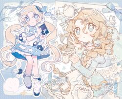  1girl :3 :o apron black_shoes blonde_hair blue_dress blue_eyes blush_stickers braid closed_mouth commentary cup dot_nose dress fanqiealxe full_body hair_between_eyes highres juliet_sleeves long_hair long_sleeves looking_at_viewer multiple_views open_mouth original puffy_sleeves sample_watermark shoes sleeveless sleeveless_dress sleeves_past_wrists socks standing symbol-only_commentary teacup twin_braids twintails watermark white_apron white_dress white_socks 