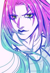  1boy absurdres bishounen blue_lips commentary_request diavolo fishnet_top fishnets gradient_hair green_eyes green_hair highres jojo_no_kimyou_na_bouken limited_palette long_hair looking_at_viewer makeup male_focus multicolored_hair pink_hair portrait sayuri28050 solo spotted_hair vento_aureo 