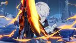  1boy blue_eyes chinese_commentary closed_mouth glowing glowing_eyes hair_between_eyes highres holding holding_sword holding_weapon honkai_(series) honkai_impact_3rd jacket kevin_kaslana logo looking_at_viewer male_focus official_art official_wallpaper serious short_hair snow solo sparks sword upper_body weapon white_hair 