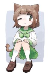  1girl :< animal_ears arched_bangs blue_background border bow bowtie brown_eyes brown_hair brown_shoes cat_ears cat_girl cat_tail closed_mouth collar commentary_request frown gradient_background green_bow green_bowtie green_collar green_skirt green_trim grey_background hands_on_own_knees highres knees_up long_sleeves looking_at_viewer medium_hair naka_(buttergirl_02) one_eye_closed original partial_commentary pleated_skirt puffy_long_sleeves puffy_sleeves sailor_collar school_uniform serafuku shirt shoes simple_background sitting skirt sleeves_past_wrists socks solo tail white_border white_shirt white_socks 