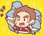  1boy :d ^_^ blush blush_stickers brown_hair chibi closed_eyes cropped_torso facial_hair hand_up happy incoming_fist_bump looking_at_viewer lowres male_focus mminoharu notice_lines rugby_uniform scar scar_on_arm scar_on_cheek scar_on_face short_hair smile solo spiky_hair spirit sportswear stubble tamamura_gunzo thick_eyebrows tokyo_afterschool_summoners 