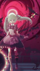  1girl after_battle apron bandaid bandaid_on_leg black_boots black_dress boots circular_saw commentary corin_wickes cuffs dress full_body green_hair hair_between_eyes hair_ornament highres holding holding_weapon knee_boots kurone_sc long_hair looking_at_viewer maid maid_apron maid_headdress saw screw_hair_ornament solo torn_clothes twintails violet_eyes weapon zenless_zone_zero 