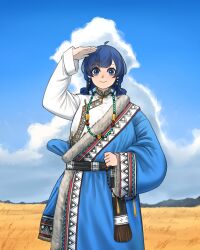  1girl :> absurdres black_sash blue_eyes blue_hair blue_robe blunt_bangs braid closed_mouth commentary day deel fur-trimmed_robe fur_trim hadanugi_dousa hand_up highres jewelry long_sleeves looking_at_viewer mongolian_clothes nadsaeng necklace original outdoors plain robe sash smile solo straight-on symbol-only_commentary twin_braids 