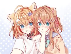  2girls ahoge animal_ears aqua_bow aqua_bowtie black_collar blue_eyes blue_sailor_collar bow bowtie brown_hair cardigan cat_ears closed_mouth collar commentary_request gradient_background hair_between_eyes hair_ornament hair_ribbon heart heart_hair_ornament highres indie_virtual_youtuber long_hair long_sleeves looking_at_viewer minikomew multiple_girls neuro-sama open_mouth polka_dot polka_dot_background red_ribbon ribbon sailor_collar shirt short_sleeves two_side_up upper_body vedal_ai virtual_youtuber white_background white_shirt yebiyo1206 yellow_cardigan 