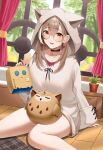 1girl 6177nanairo7716 absurdres animal_hood bare_legs berry black_choker brown_eyes brown_hair brown_hoodie choker curtains drawer earrings ears_through_headwear food-themed_earrings friend_(nanashi_mumei) glasses highres hololive hololive_english hood hood_up hoodie hootsie_(nanashi_mumei) jewelry long_hair looking_at_viewer multicolored_hair nail_art nanashi_mumei necklace official_alternate_costume oversized_clothes plant potted_plant red_shirt round_eyewear runes shirt sitting sitting_on_lap sitting_on_person sleeves_past_wrists smile streaked_hair sweater tree virtual_youtuber white_sweater window 
