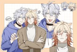  2boys alternate_costume animal_ears antenna_hair black_choker blonde_hair blue_eyes blue_hoodie braid brown_cardigan cardigan cat_boy cat_ears cat_tail choker commentary crossed_arms dog_boy dog_ears dog_tail facial_tattoo gradient_hair highres honkai:_star_rail honkai_(series) hood hood_down hoodie male_focus medium_hair multicolored_hair multiple_boys mydei_(honkai:_star_rail) open_cardigan open_clothes parted_bangs phainon_(honkai:_star_rail) red_hair red_tattoo short_hair side_braid squiggle sweater symbol-only_commentary tail tattoo tongue tongue_out turtleneck turtleneck_sweater white_hair white_sweater wish_0812 yellow_eyes 