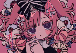 1girl black_bow bone_hair_ornament bow closed_mouth commentary_request flower goth_fashion hair_bow hair_ornament hands_up highres looking_at_viewer original own_hands_together pink_eyes pink_hair portrait purple_eyes solo spider_web_hair_ornament striped_bow teira_(ooxoo) twintails violet_eyes