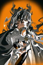  1boy absurdres arknights bandaged_neck bandages black_bandages black_coat black_eyes black_hair chest_tattoo chinese_clothes chinese_commentary closed_mouth clothing_request coat commentary_request dragon_boy dragon_horns earrings eastern_dragon_horns expressionless fan_mu_zhang gold_earrings gold_ring hair_between_eyes hand_tattoo hand_up heterochromia highres horns jewelry long_hair long_sleeves looking_at_viewer male_focus multicolored_hair open_clothes open_coat orange_background outstretched_arm parted_bangs pointy_ears reaching reaching_towards_viewer ring single_earring solo streaked_hair tattoo upper_body wang_(arknights) white_hair yellow_eyes 