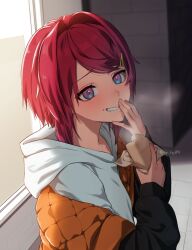  1girl ange_katrina ange_katrina_(casual) backlighting black_jacket blue_eyes breath commentary_request crumbs eating eyelashes fingernails food food_on_face from_side grin hair_intakes hair_ornament hairclip hand_to_own_mouth hands_up highres holding holding_food hood hood_down hoodie jacket long_sleeves looking_at_viewer looking_to_the_side medium_hair multicolored_eyes night nijisanji off_shoulder official_alternate_costume orange_jacket quilted_jacket raised_inner_eyebrows re:sty red_hair shadow smile smirk smug solo steam steamed_bun swept_bangs twitter_username two-sided_fabric two-sided_jacket violet_eyes virtual_youtuber white_hoodie window 