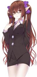  1girl alternate_costume arm_behind_back bespectacled black-framed_eyewear breasts brown_hair business_suit buttons collared_shirt commentary_request cowboy_shot crote formal_clothes glasses hair_between_eyes hair_ribbon hand_up highres himekaidou_hatate large_variant_set long_hair medium_breasts miniskirt office_lady pale_skin pantyhose pencil_skirt pointy_ears purple_ribbon ribbon semi-rimless_eyewear shirt simple_background skirt skirt_suit solo standing suit touhou transparent_background twintails under-rim_eyewear variant_set very_long_hair white_pantyhose white_shirt wing_collar 