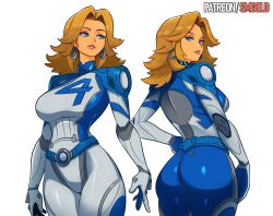  1girl absurdres artist_name ass blonde_hair blue_bodysuit blue_eyes bodysuit breasts earrings fantastic_four highres hoop_earrings huge_ass jewelry large_breasts marvel marvel_rivals medium_hair multicolored_bodysuit multiple_views parted_lips patreon_username simple_background smgold sue_storm superhero_costume turnaround two-tone_bodysuit white_bodysuit 