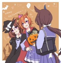  3girls ^^^ admire_vega_(umamusume) bag black_cape black_cloak black_hat bow brown_hair candy candy_wrapper cape cloak commentary_request crown ears_through_headwear food frilled_skirt frills hair_between_eyes hair_ribbon halloween halloween_bucket hand_on_own_hip happy_halloween hat hat_bow hood hood_down hooded_cloak horse_girl lollipop long_hair low_ponytail meisho_doto_(umamusume) mini_crown multicolored_hair multiple_girls orange_hair pleated_skirt ponytail purple_shirt purple_skirt ribbon school_bag school_uniform shirt skirt sparkle swirl_lollipop t.m._opera_o_(umamusume) tracen_school_uniform two-tone_hair umamusume usako_(umauma0602) very_long_hair white_bow white_hair white_ribbon witch_hat 
