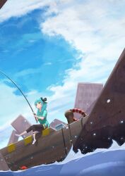  1girl absurdres blue_hair dock fishing fishing_rod hair_ornament harbor heaven_burns_red highres innertube port psy_(artist) rumi_(heaven_burns_red) sitting swim_ring 