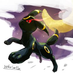  animal_focus applecandy_prpr black_eyes closed_mouth crescent hashtag-only_commentary highres moon no_humans pokemon pokemon_(creature) red_eyes signature solo twitter_username umbreon 
