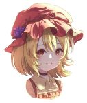  1girl aki_minoriko blonde_hair closed_mouth commentary fall_(5754478) food fruit grapes hat looking_at_viewer mob_cap portrait red_eyes red_headwear short_hair simple_background smile solo touhou white_background 