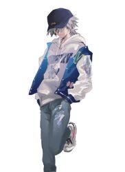  1boy baseball_cap closed_mouth commentary_request denim feet_out_of_frame foot_against_wall grey_hair hands_in_pockets hat hood hood_down hoodie jacket jeans letterman_jacket male_focus nagisa_kaworu neon_genesis_evangelion pants short_hair simple_background solo standing standing_on_one_leg white_background white_hoodie yorumi1117 
