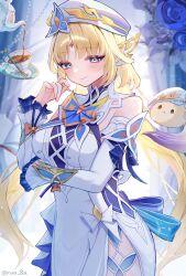  1girl arm_under_breasts bare_shoulders blonde_hair blue_eyes blush breasts closed_mouth commentary cup detached_sleeves dodoco_(genshin_impact) dress facial_mark forehead_mark genshin_impact hand_up hat highres long_hair long_sleeves looking_at_viewer medium_breasts nicole_reeyn pointy_ears ruarua0819 saucer sleeveless sleeveless_dress smile solo spoon tea teacup teapot twitter_username very_long_hair white_dress white_hat white_sleeves 
