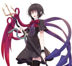  1girl black_dress black_hair black_thighhighs black_wrist_cuffs blue_wings bow buttons closed_eyes commentary_request cowboy_shot crote dress fingernails frilled_cuffs hand_up highres holding holding_polearm holding_weapon houjuu_nue lace-trimmed_thighhighs lace_trim large_variant_set open_mouth pointy_ears polearm red_bow red_wings short_hair short_sleeves smile snake solo standing tachi-e thigh-highs touhou transparent_background trident variant_set weapon wings wrist_cuffs 