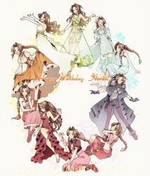  adapted_costume aerith_gainsborough aerith_gainsborough_(bahamut_robe) aerith_gainsborough_(citric_dress) aerith_gainsborough_(fairy_of_snowfall) aerith_gainsborough_(garnet's_gown) aerith_gainsborough_(pink_mermaid) aerith_gainsborough_(red_dress) boots braid braided_ponytail brown_hair cloak coat cosplay crisis_core:_final_fantasy_vii cropped_jacket dress final_fantasy final_fantasy_ix final_fantasy_vii final_fantasy_vii:_ever_crisis final_fantasy_vii_rebirth final_fantasy_vii_remake flower fur_coat fur_hat garnet_til_alexandros_xvii garnet_til_alexandros_xvii_(cosplay) hat highres jacket jo_ro_ri kingdom_hearts kingdom_hearts_ii long_skirt looking_at_viewer multiple_persona official_alternate_hairstyle pink_dress red_dress red_jacket sandals see-through_clothes see-through_skirt short_shorts shorts skirt sleeveless sleeveless_dress smile wavy_hair white_coat white_dress 