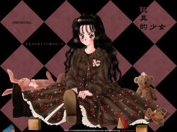  1girl artist_name bad_id black_hair boots brown_boots brown_dress brown_eyes brown_jacket brown_ribbon checkered_background closed_mouth dated dot_mouth dress email_address full_body hair_ribbon holly_print jacket kairi_(open_your_eyes) layered_dress long_hair mixed-language_text open_clothes open_jacket original print_dress ribbon sitting solo stuffed_animal stuffed_rabbit stuffed_toy tearing_up teddy_bear torn_stuffed_toy toy_block translated wavy_hair 