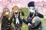  404_(girls&#039;_frontline) 404_logo_(girls&#039;_frontline) 4girls armband artist_request beret cherry_blossoms g11_(girls&#039;_frontline) girls_frontline hanami hat highres hk416_(girls&#039;_frontline) hug long_hair multiple_girls petals siblings side_ponytail sisters sleepy third-party_source twintails ump45_(girls&#039;_frontline) ump9_(girls&#039;_frontline) yellow_armband 