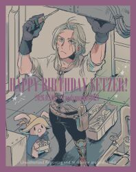  1boy animal_ears ascot black_gloves black_pants blue_eyes border character_name closed_mouth creature dated final_fantasy final_fantasy_vi foot_out_of_frame frown gloves grey_hair happy_birthday holding holding_screwdriver male_focus pants purple_border rabbit_ears repairing scar scar_across_eye scar_on_cheek scar_on_face scar_on_forehead screwdriver setzer_gabbiani shirt sleeves_rolled_up toolbox twitter_username uedymummy0921 white_ascot white_shirt 