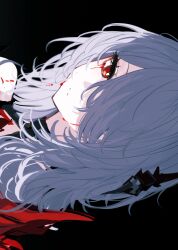  1girl absurdres acheron_(honkai:_star_rail) alternate_form armor black_background blood blood_from_eyes bright_pupils choker crying dripping expressionless hair_ornament hair_over_one_eye highres honkai:_star_rail honkai_(series) long_hair looking_at_viewer magnet_8_8 red_eyes shoulder_armor streaming_tears tears white_hair 