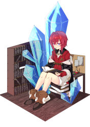  1girl ange_katrina ange_katrina_(1st_costume) ankle_boots black_coat blue_eyes book book_stack bookshelf boots brown_boots cardigan closed_mouth coat collared_dress commentary crossed_bangs crystal desk diorama dress flask full_body hair_between_eyes hair_intakes highres holding holding_book holding_pencil irodori_drawpic knees_up looking_at_viewer medium_hair mouth_hold nijisanji off_shoulder open_book pencil red_cardigan red_hair round-bottom_flask short_dress simple_background sitting sitting_on_books sleeves_past_wrists smile solo translation_request virtual_youtuber white_background white_dress wooden_floor 