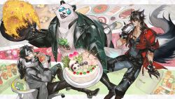  3boys :d animal_ears arknights arknights:_endfield arm_support bamboo_steamer black_gloves black_hair black_jacket black_pants black_shirt black_shoes blindfold_mask bok_choy border bottle broccoli bubble_tea cake can candy chicken_(food) coat cooking cracker da_pan_(arknights) dim_sum dongpo_pork drink drink_can eating egg_tart electric_kettle endministrator_(arknights) expressionless fake_claws food food_art food_packaging food_request fork fried_rice full_body furry furry_male gloves grey_coat har_gow highres hip_flask holding holding_bottle holding_drink holding_food holding_fork holding_plate ice_cream ice_cream_float instant_cup_noodles instant_noodles jacket kaifei_(kaifei_29) kettle leather leather_jacket male_endministrator_(arknights) male_focus mask material_growth meat multiple_boys nissin_cup_noodle open_clothes open_jacket oripathy_lesion_(arknights) panda_boy pants perlica_(arknights) plate pudding red_coat refrigerator second-party_source shirt shoes short_hair shrimp shumai_(food) sitting smile soda_can soy_sauce tail watermark whipped_cream white_border white_shirt wok wolf_boy wolf_ears wolf_tail wrapped_candy wulfgard_(arknights) 