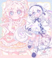  2girls :3 :d animal_ears apron blue_bow blue_bowtie blue_dress blue_eyes blue_headscarf blue_shoes blush_stickers bow bowtie candy_hair_ornament cat_ears cat_girl cat_tail closed_mouth commentary dot_nose double-parted_bangs dress fanqiealxe food food-themed_hair_ornament frilled_apron frilled_dress frills full_body gloves hair_between_eyes hair_intakes hair_ornament hairclip headscarf highres holding holding_plate lollipop_hair_ornament long_hair long_sleeves looking_at_viewer macaron multiple_girls open_mouth original parallel_hairclips plate sample_watermark shoes smile socks standing standing_on_one_leg star-shaped_pupils star_(symbol) striped_bow striped_bowtie striped_clothes symbol-only_commentary symbol-shaped_pupils tail twintails watermark white_apron white_gloves white_hair white_socks yellow_dress 