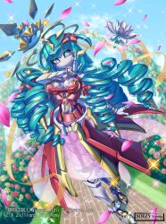  1girl ankle_garter aqua_hair arch artist_name blue_gem blue_sclera breasts colored_sclera commentary_request copyright_notice crown day dress drill drill_hair falling_petals floating floating_headgear floating_object floral_arch flower full_body gem grass hair_between_eyes hair_flaps hair_flower hair_ornament halo headgear highres humanoid_robot joints large_breasts mechanical_flower mechanical_hair metal_hair no_mouth official_art ojou-sama_pose outdoors pavement petals pink_dress pink_flower pink_petals pink_rose red_dress red_flower red_rose robot robot_girl robot_joints rose rose_bush see-through_body see-through_cleavage see-through_clothes see-through_dress soezy sparkle standing too_literal two-tone_dress violet_eyes yellow_flower yellow_halo yellow_rose z/x 