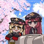  2girls armband blonde_hair blue_archive cherry_blossoms chibi halo hanami hat highres ibuki_(blue_archive) iroha_(blue_archive) jn_7_3 military military_hat military_uniform military_vehicle motor_vehicle multiple_girls necktie redhead sky sleeves_past_wrists tank tree uniform 