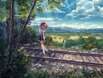  1girl blue_eyes blue_sky brown_hair clothes_around_waist clouds fence goggles goggles_on_head highres jacket jacket_around_waist looking_back mountain original outdoors railroad_tracks scenery shijohane shoes sky socks solo sunlight tree 