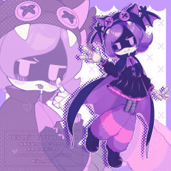  1girl :< :3 absurdres akanbe alternate_costume animal_hat arm_at_side black_cape black_dress black_hat black_shoes border bow bowtie buttons cape closed_mouth colored_petticoat colored_skin commentary_request cross-laced_clothes cross-laced_dress dress eyelid_pull fang feet_out_of_frame fewer_digits flipped_hair frilled_sleeves frills full_body halftone halftone_background hand_up hat heart highres humanoid_robot index_finger_raised jitome joints knees_up leg_warmers long_sleeves looking_at_viewer mechanical_arms mechanical_legs multiple_views murder_drones no_pupils outline outside_border petticoat pink_leg_warmers pleated_dress puffy_long_sleeves puffy_sleeves purple_border purple_bow purple_bowtie purple_cape purple_hair purple_leg_warmers purple_theme robot robot_joints shoes short_dress short_hair simple_background sitting skn_1027 standing standing_on_one_leg striped_leg_warmers swept_bangs tongue tongue_out twitter_username two-sided_cape two-sided_fabric two-tone_cape uzi_(murder_drones) violet_eyes w watermark white_background white_outline white_skin winged_hat 