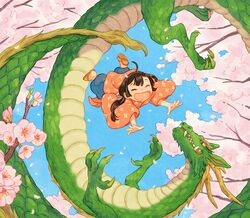  1girl ahoge blue_sky branch brown_hair cherry_blossoms chinese_clothes claws closed_eyes day dragon eastern_dragon falling falling_petals fantasy female_child long_hair midair monaka_(siromona) open_mouth original outdoors petals scales side_ponytail sky 