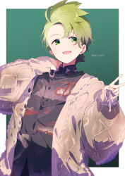  1boy :d black_shirt border brown_cardigan buttons cardigan cilan_(pokemon) collared_shirt commentary_request green_background green_eyes green_hair hands_up highres long_sleeves male_focus open_cardigan open_clothes open_mouth outside_border pokemon pokemon_bw serizawa_serizane shirt short_hair simple_background smile solo twitter_username upper_body v white_border 