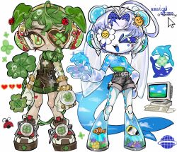 2others ahoge amatou_akuma androgynous antenna_hair artist_name belt_charm black_shorts bliss_(image) blue_sclera bug charm_(object) clover clownfish colored_sclera computer cursor dolphin eyepatch fins fish fish_tail flower_eyepatch four-leaf_clover frutiger_aero full_body glitch green_eyes green_hair headphones heart heart_eyepatch highres holding huge_ahoge ladybug long_hair looking_at_viewer microsoft_windows multiple_others open_mouth original other_focus short_hair shorts simple_background tail translucent_hair tropical_fish twintails white_background windows_xp wireframe 